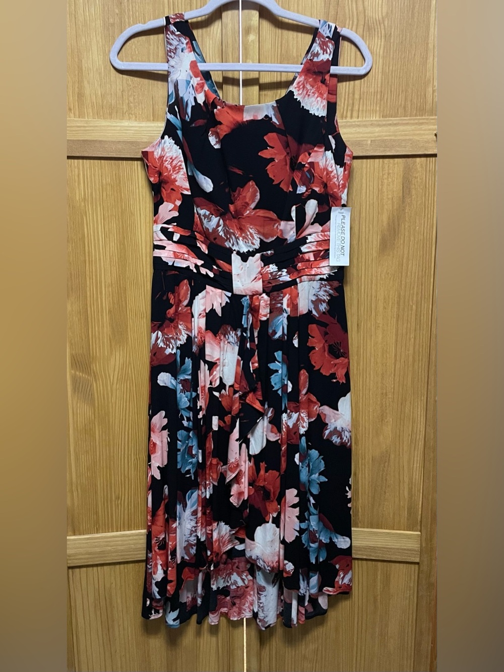 Eva Mendes Sleeveless Black Maxi Dress with Red and Blue Floral Print